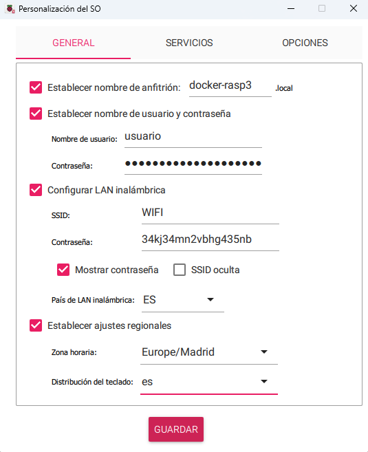 Pestaña general asistente de configuración en el instalador de Raspberry Pi