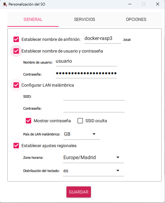 Pestaña general asistente de configuración en el instalador de Raspberry Pi