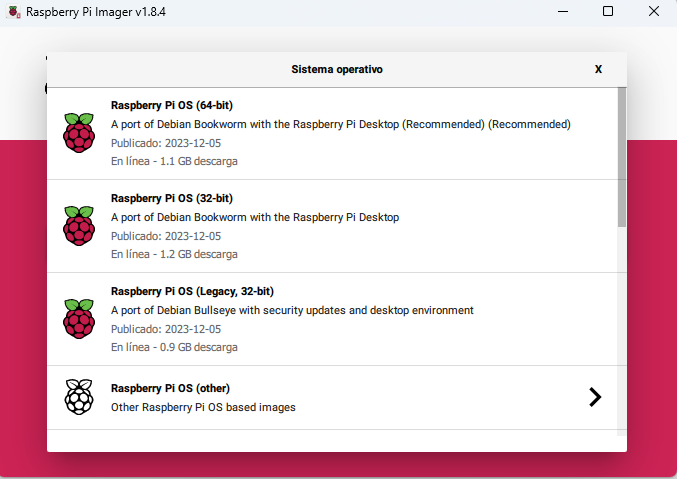 Elegir sistema operativo en el instalador de Raspberry Pi