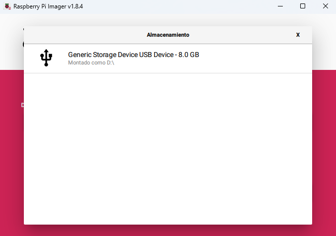 Elegir almacenamiento en el instalador de Raspberry Pi