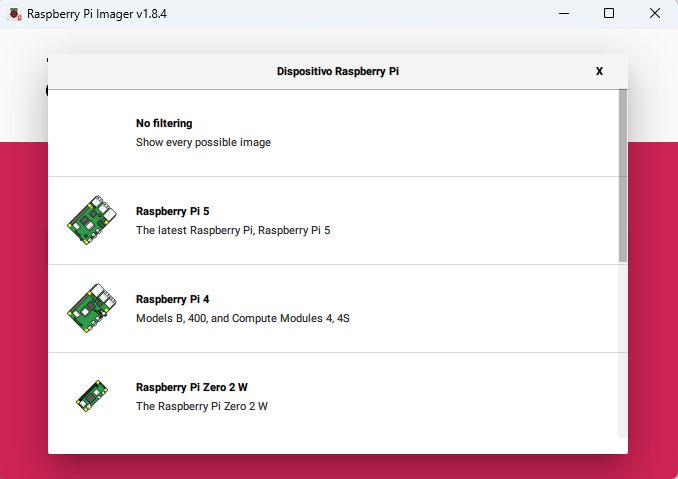 Elegir dispositivo en el instalador de Raspberry Pi