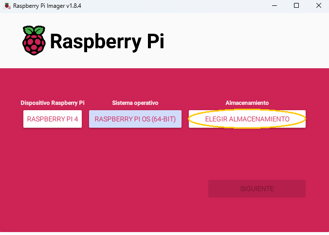 Elegir almacenamiento en el instalador de Raspberry Pi